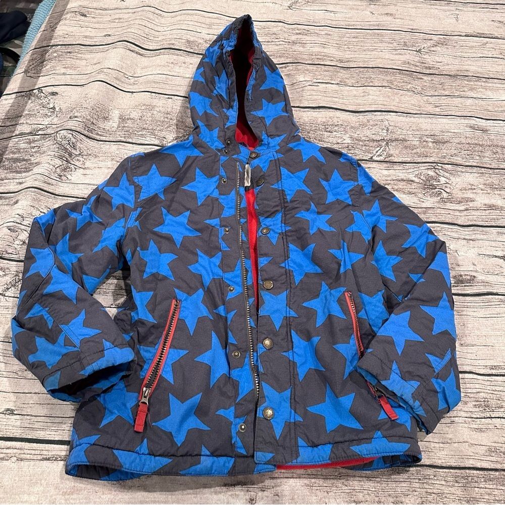 Boden Kids Blue Star Puffer Jacket with Red Fleece Lining Unisex Size 10